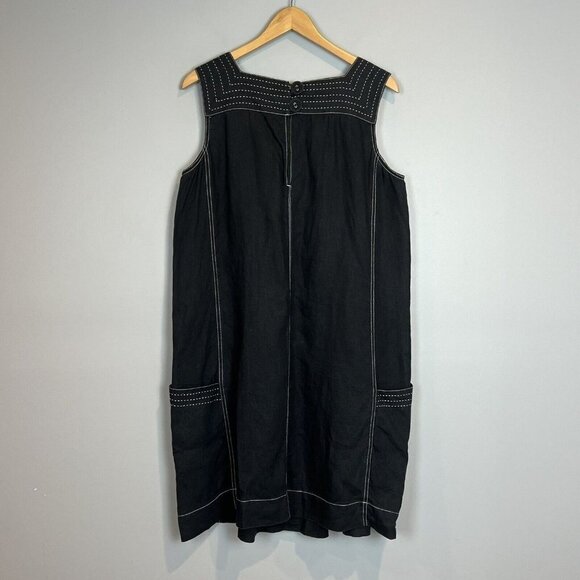 Tyler Boe Black Linen Dress White Stitching Sleeveless A Line with Pockets Sz 14 - Picture 2 of 8